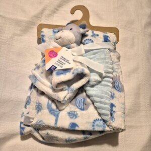 Baby Boy blanket with matching security blanket with cow, blue & white NWT